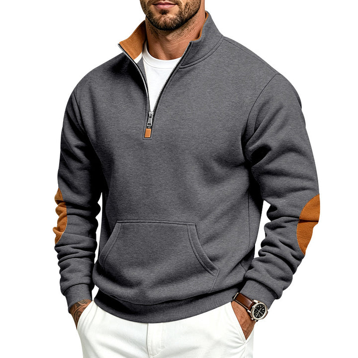Herren Sweatshirt mit halbem Reißverschluss, Stehkragen und Ellenbogen-Patches Echoarchiv