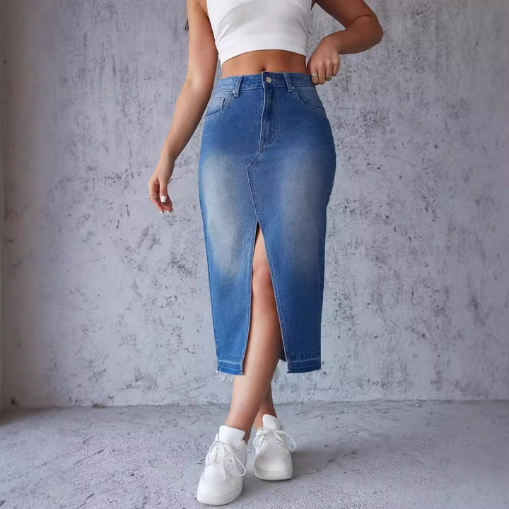 Damen nan figurbetonter Highwaist-Denim-Bleistiftrock mit vorderlichem Oberschenkelschlitz und rohem Saum Echo Archiv
