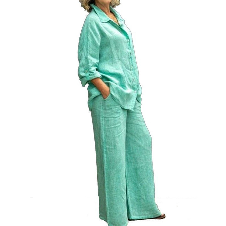Damen Entspanntes Leinen-Set mit Oversize-Hemd und weiter Palazzo-Hose Echo Archiv