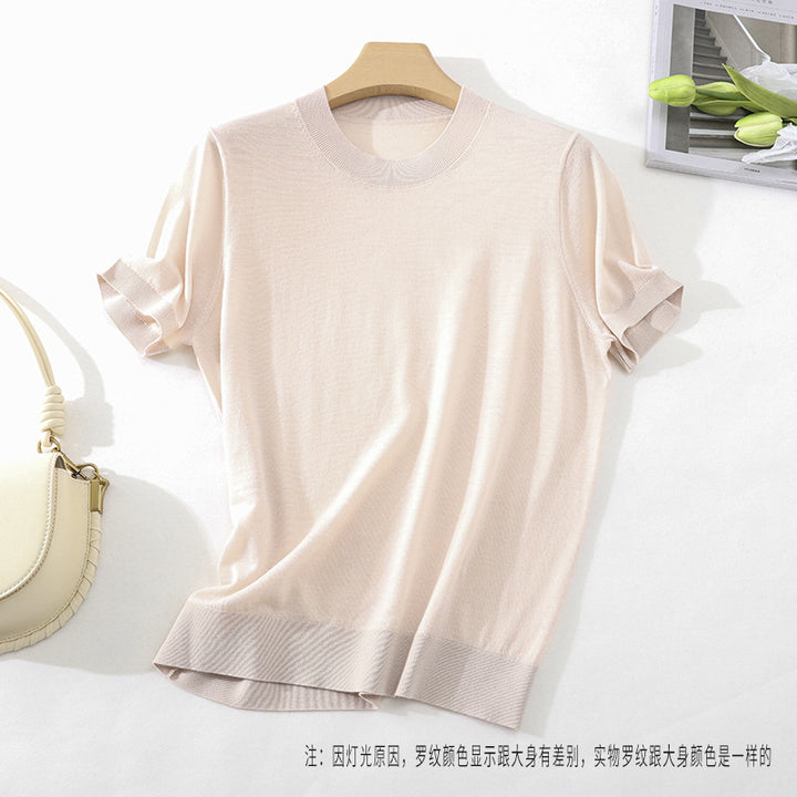 Damen Leichtes Kurzarm-Stricktop aus feinem Jersey mit Rundhals und Saumblende Echo Archiv