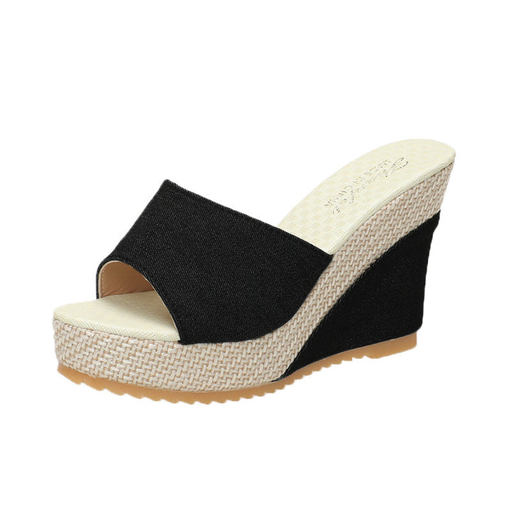 Damen nan Keil-Pantolette mit offenem Zehenbereich breitem Textilriemen Bast-Plateau und gepolstertem Komfortfußbett Echo Archiv
