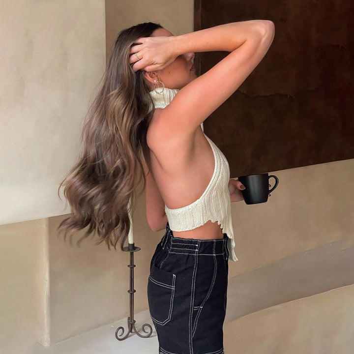 Damen cropped Stricktop mit hohem Kragen Echo Archiv