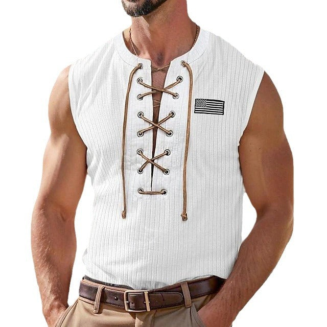 Herren Muskelshirt mit Schnürung und gesticktem Flaggenmotiv Echoarchiv
