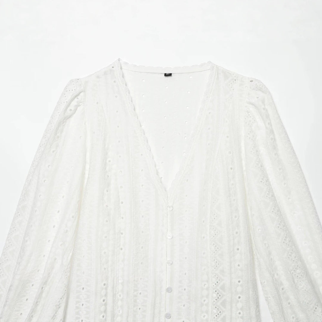 Damen Baumwoll-Spitzen-Cardigan mit V‑Ausschnitt, Knopfleiste und Ballonärmeln Echo Archiv