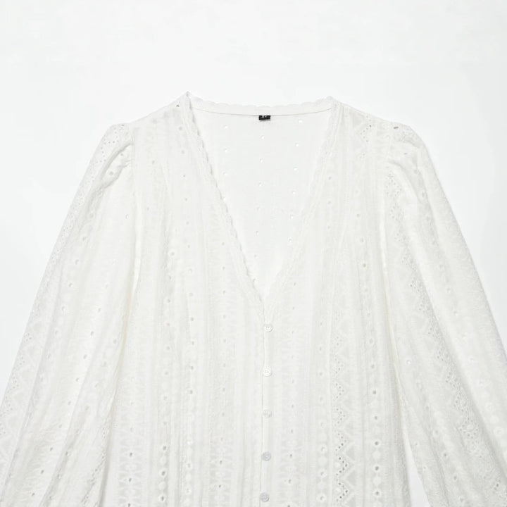 Damen Baumwoll-Spitzen-Cardigan mit V‑Ausschnitt, Knopfleiste und Ballonärmeln Echo Archiv