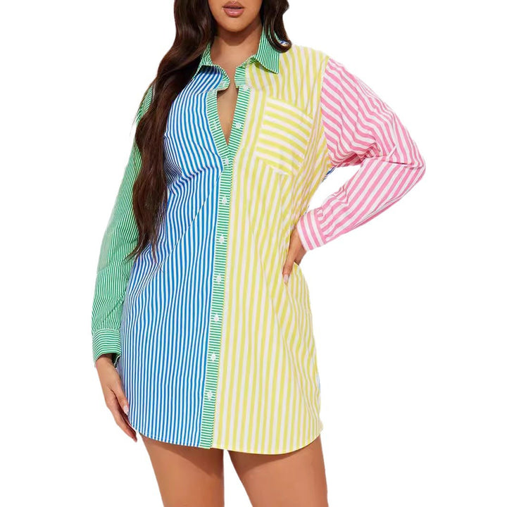 Damen Oversize Hemdblusenkleid mit mehrfarbigem Streifenblock – Avérine