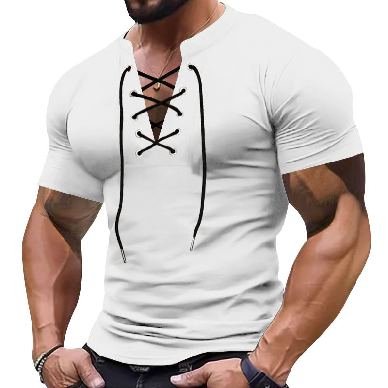 Herren Kurzarm-Henley-Shirt mit modischem Schnürdesign und körperbetonter Passform Echoarchiv