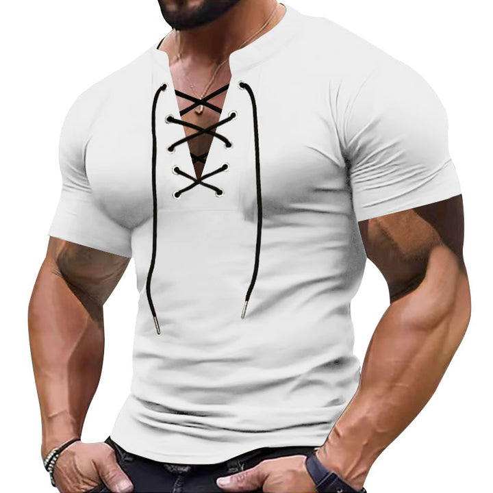 Herren Kurzarm-Henley-Shirt mit modischem Schnürdesign und körperbetonter Passform Echoarchiv
