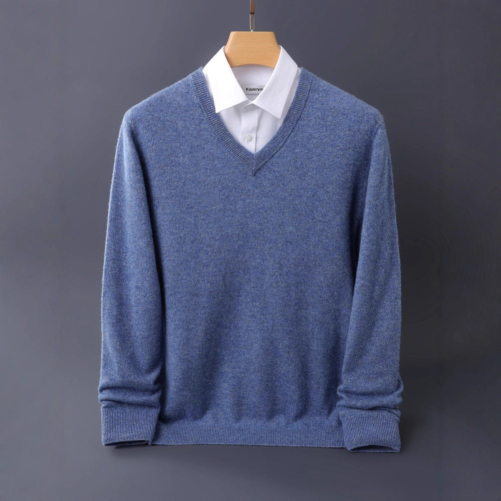 Herren Feiner V-Ausschnitt-Pullover aus Merino-Kaschmir-Mix mit gerippten Bündchen Echoarchiv