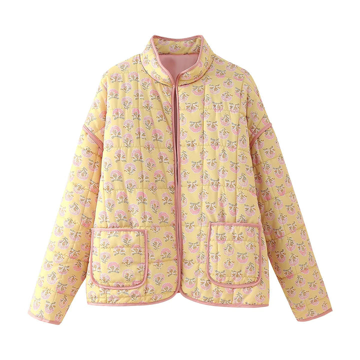 Damen gesteppte Blumenjacke mit Stehkragen Reißverschluss und aufgesetzten Taschen – Célinea