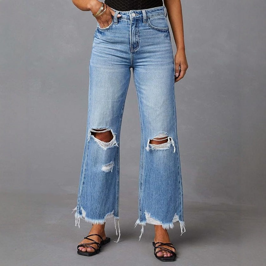 Damen nan hochgeschnittene ausgestellte Destroyed-Jeans mit Knieausfransungen und rohem Saum Echo Archiv