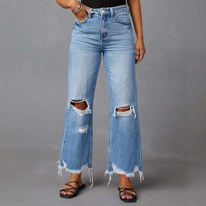Damen nan hochgeschnittene ausgestellte Destroyed-Jeans mit Knieausfransungen und rohem Saum Echo Archiv