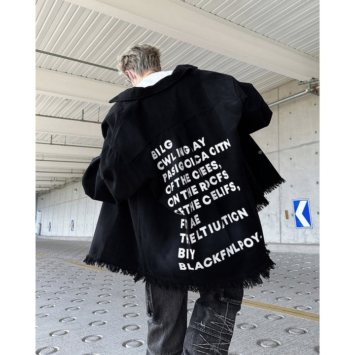 Herren Oversize-Denimjacke mit Fransen und grafischem Druck Echoarchiv