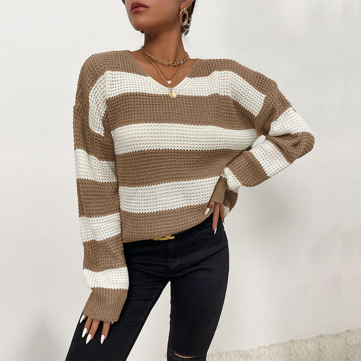 Damen Gestreifter Strickpullover mit V‑Ausschnitt und lässiger Oversize‑Passform Echoarchiv