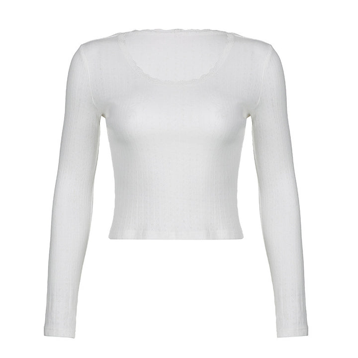Damen Tailliertes Rippstrick-Cropped-Longsleeve mit Spitzenkante Echo Archiv