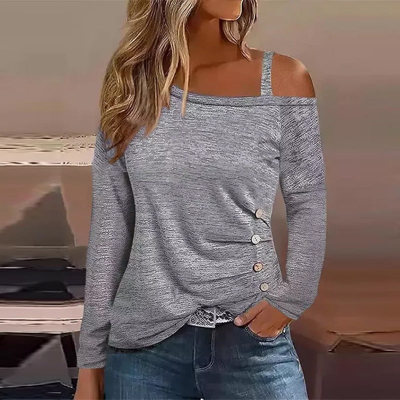 Damen asymmetrisches Langarmshirt mit One-Shoulder, Raffung und Zierknöpfen – Avérine
