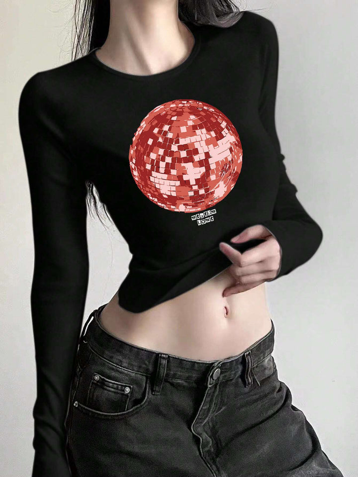 Damen figurbetontes Langarmshirt mit niedlichem Gänse-Print, Rundhalsausschnitt und leichtem Stretch – Avérine