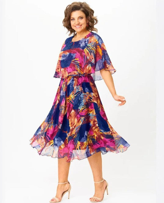 Damen Chiffon Midi Kleid mit capa Ärmeln und elastischem Taillenbund Echoarchiv