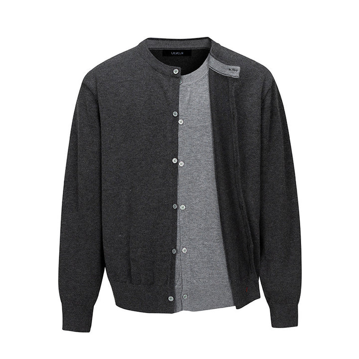 Herren Feinstrick-Cardigan mit zweilagiger Optik, Rundhalsausschnitt und durchgehender Knopfleiste Echo Archiv