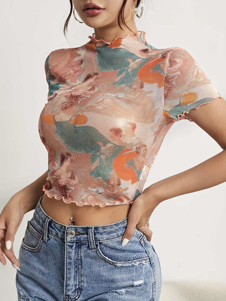 Damen nan figurnahes transparentes Mesh-Top mit barockem Engeldruck, Stehkragen und Kräuselsaum Echo Archiv