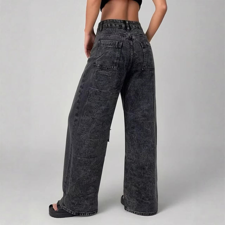 Damen nan High‑Waist Utility-Denimhose mit aufgesetzten Knie-Patches, Cargo‑Taschen und weitem Schlag Echo Archiv