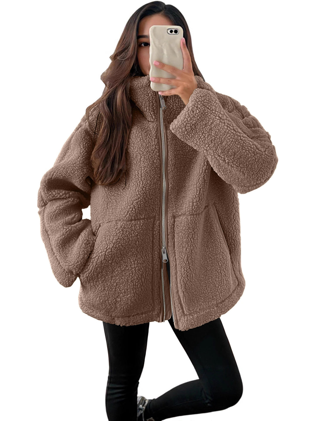 Damen nan oversized Teddyfleece Jacke mit Stehkragen und durchgehendem Reißverschluss Echo Archiv