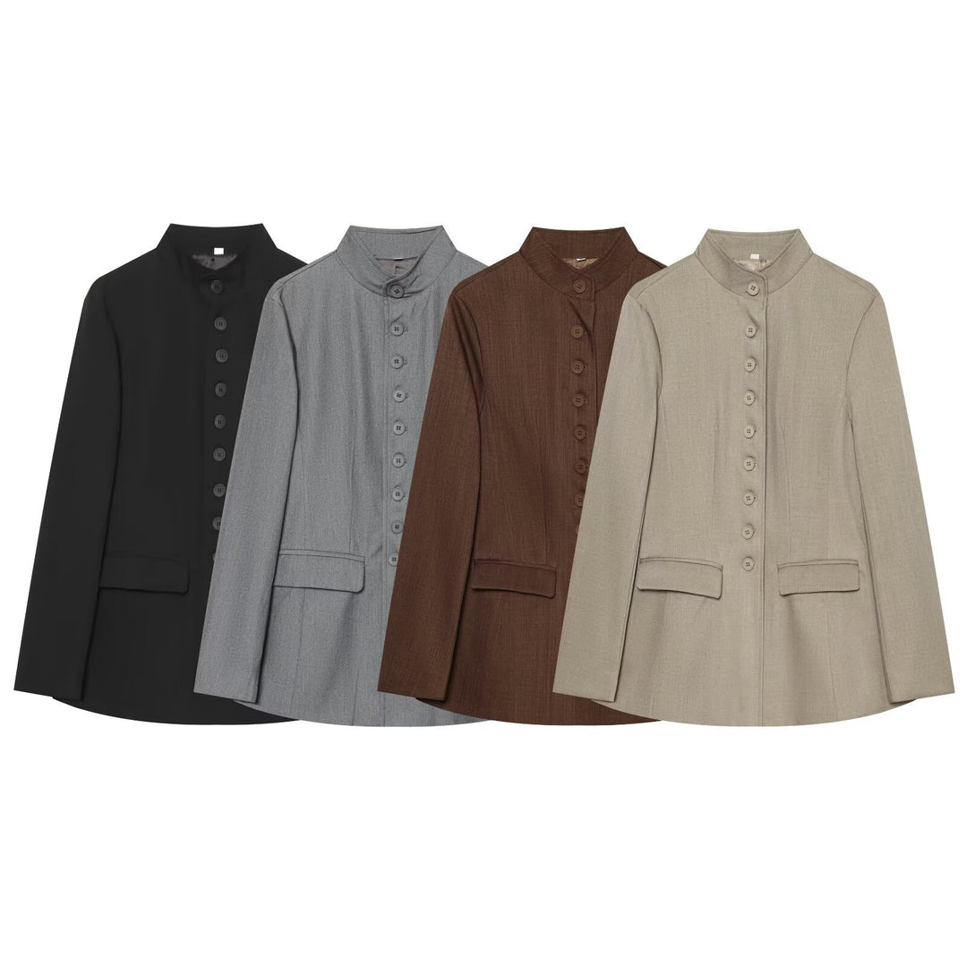 Damen Langblazer mit Stehkragen und durchgehender Knopfleiste Echoarchiv