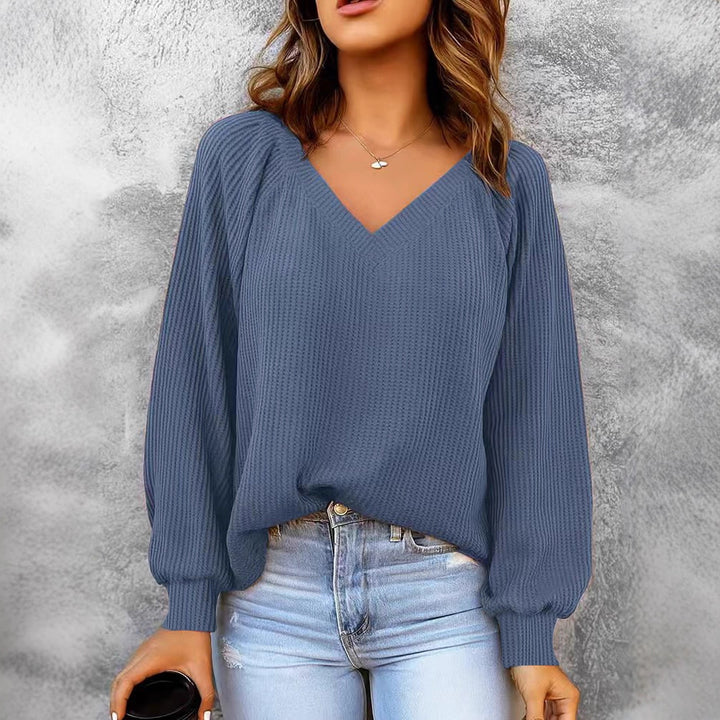 Damen Feinstruktur-Strickpullover mit V-Ausschnitt, Ballonärmeln und Rippbündchen – Mavelle