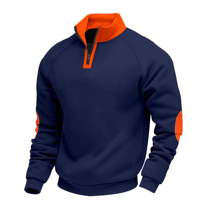 Herren modischer Sweatpullover mit halbem Reißverschluss und kontrastierenden Ellenbogenpatches Echoarchiv