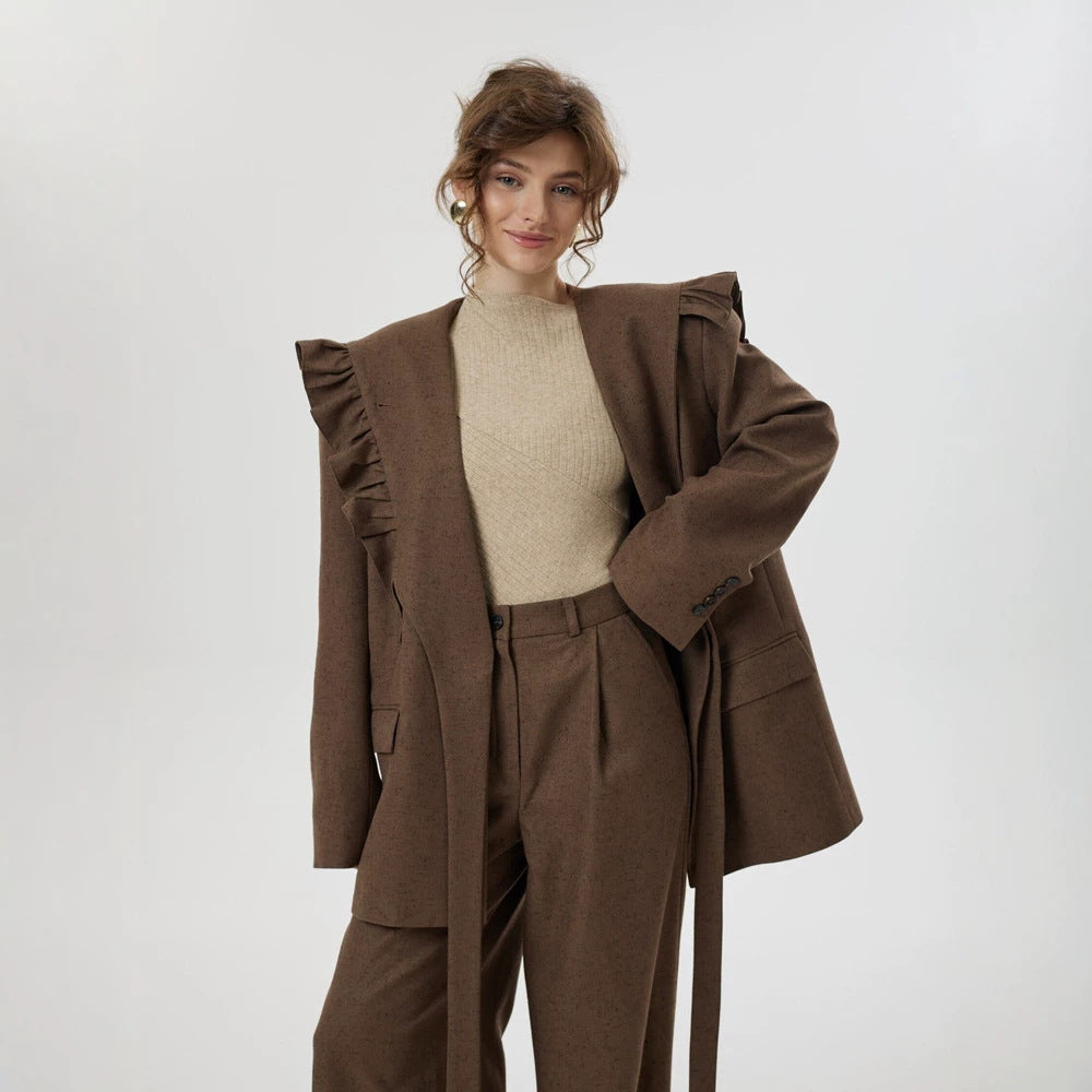 Damen Zweiteiliges Oversize-Blazer-und-Hose-Set mit Volant-Schulter und hoher Bundfalte Echoarchiv