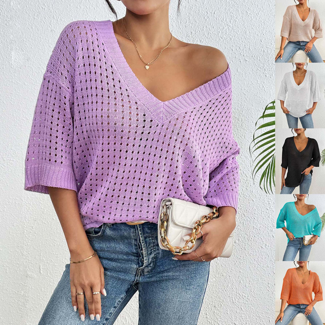 Damen luftiger Strickpullover mit V-Ausschnitt und dekorativem Lochmuster Echo Archiv