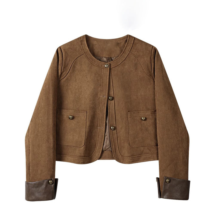 Damen Kurzjacke aus Veloursleder mit Rundhals, aufgesetzten Taschen & Umschlagmanschetten Echo Archiv