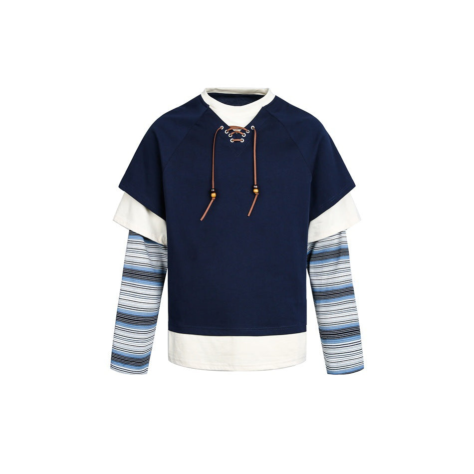 Damen Lagenlook-Sweatshirt mit Schnürung, gestreiften Ärmel-Einsätzen und asymmetrischem Saum Echoarchiv