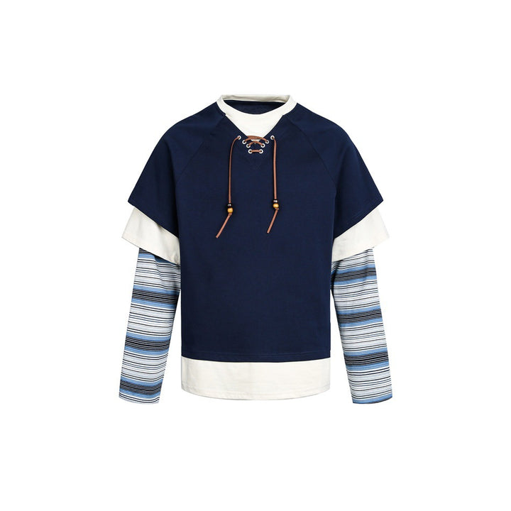 Damen Lagenlook-Sweatshirt mit Schnürung, gestreiften Ärmel-Einsätzen und asymmetrischem Saum Echoarchiv