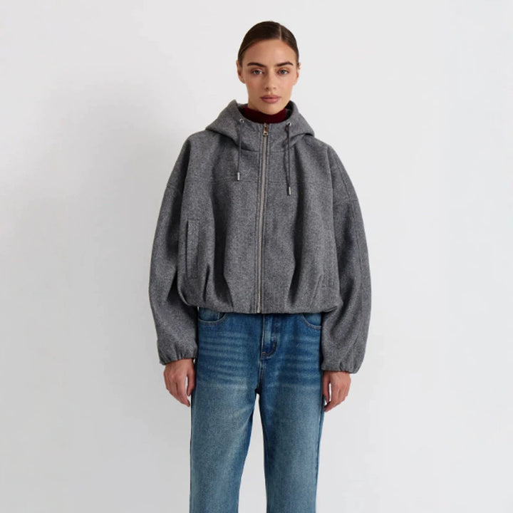 Damen Kurzjacke aus Wollmix mit Kapuze, kastiger Boxy‑Silhouette & gerafftem Saum Echoarchiv