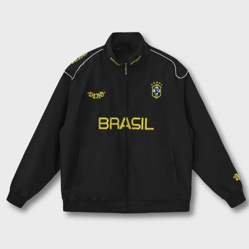 Unisex nan sportliche Retro-Trainingsjacke mit Stehkragen Reißverschluss Brustemblem und Brasilien-Schriftzug Echo Archiv