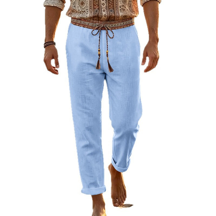 Herren nan maritime Leinen-Loungehose mit dekorativem Ethno-Bund, elastischem Tunnelzug und geradem Bein Echo Archiv
