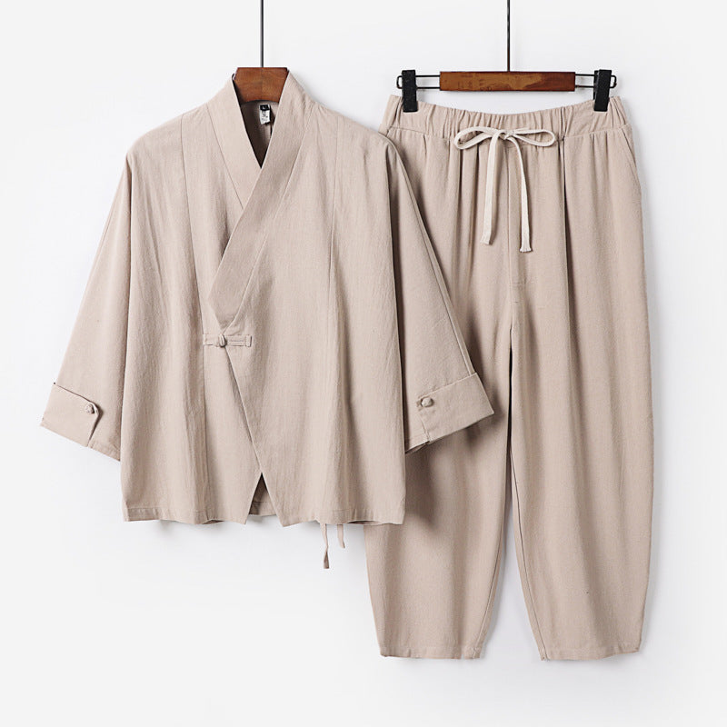 Herren Atmungsaktives Leinen-Baumwoll Lounge-Set mit asymmetrischem V-Kragen und elastischer Kordelhose Echoarchiv