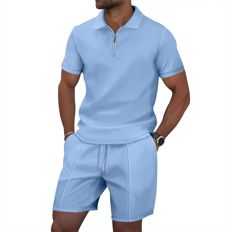 Herren sportliches Kurzarm-Poloshirt und Shorts-Set mit Reißverschluss Echoarchiv