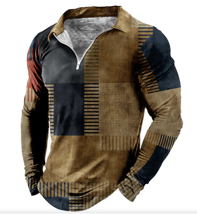 Herren Langarm Polohemd mit modischem Patchwork-Design und funktionalem Reißverschluss Echoarchiv