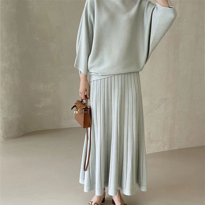 Damen Feines Strick-Set aus Viskosemix mit Oversize-Pullover und plissiertem Maxi-Rock Echoarchiv