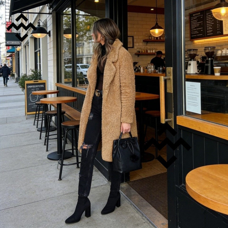 Damen nan kuscheliger Teddy-Mantel mit Oversize-Schnitt und hohem Reverskragen Echo Archiv