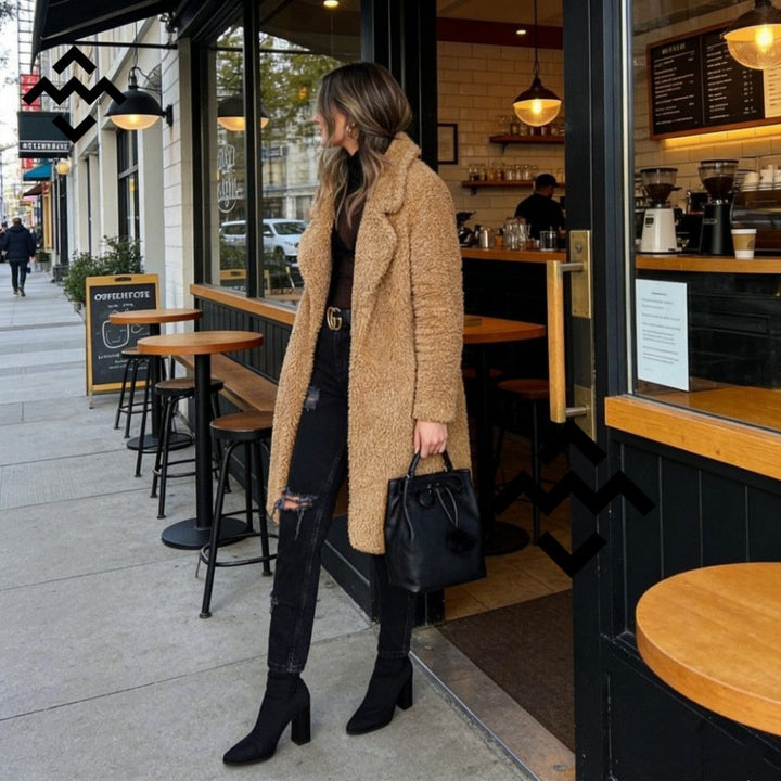 Damen nan kuscheliger Teddy-Mantel mit Oversize-Schnitt und hohem Reverskragen Echo Archiv