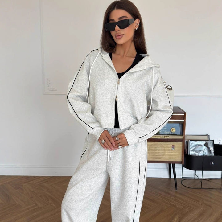 Damen Lässiges zweiteiliges Lounge-Set mit oversized Zipjacke und weitem Kordelzug-Hosenbund – Élanora