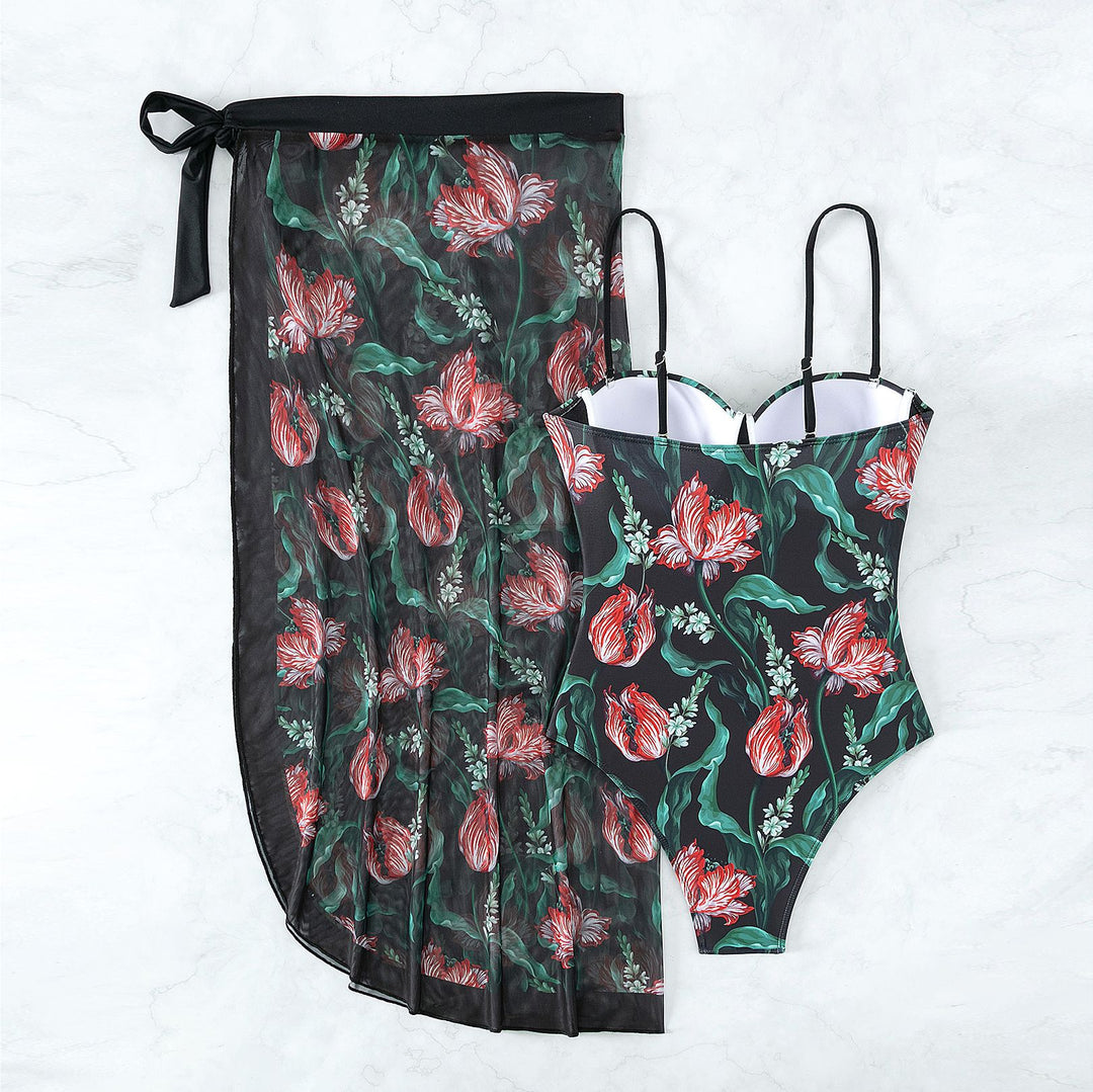 Damen Bademode mit floralem Muster und transparenter Sarong-Hülle Echo Archiv