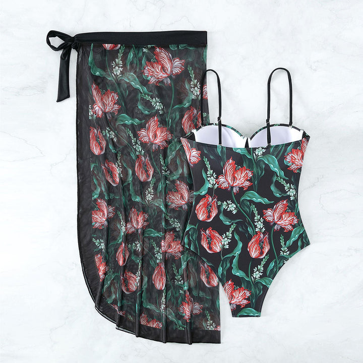 Damen Bademode mit floralem Muster und transparenter Sarong-Hülle Echo Archiv