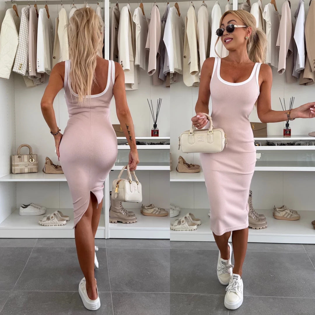 Damen figurbetontes Midi-Kleid mit breiten Trägern und schmalem Schnitt Echoarchiv