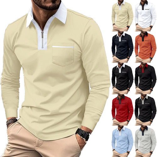 Herren Modisches Langarm-Polohemd mit Reißverschluss und Brusttasche Echoarchiv