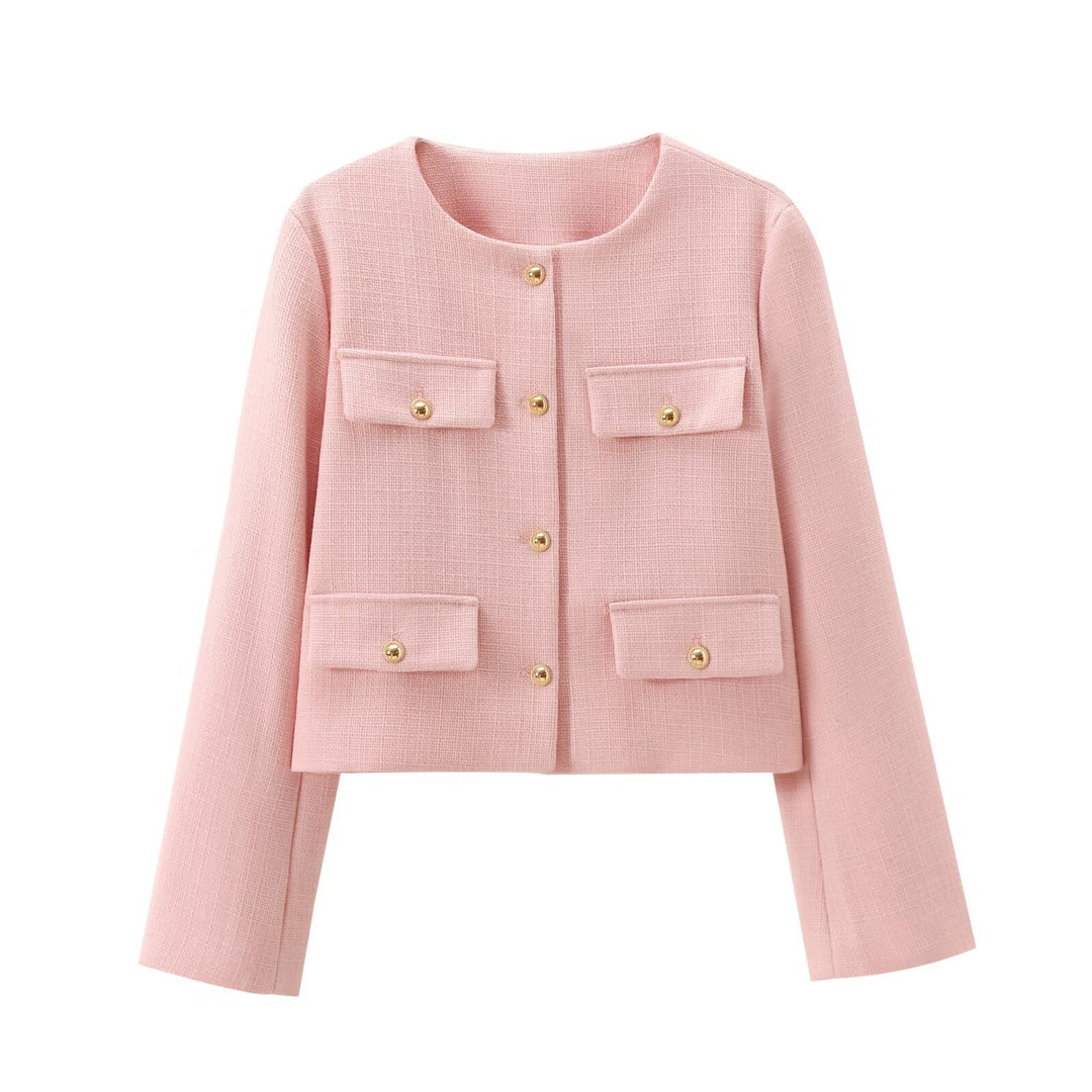 Damen kurz geschnittene Bouclé-Tweedjacke mit Rundhalsausschnitt Zierknopfdetails und aufgesetzten Pattentaschen – Célinea