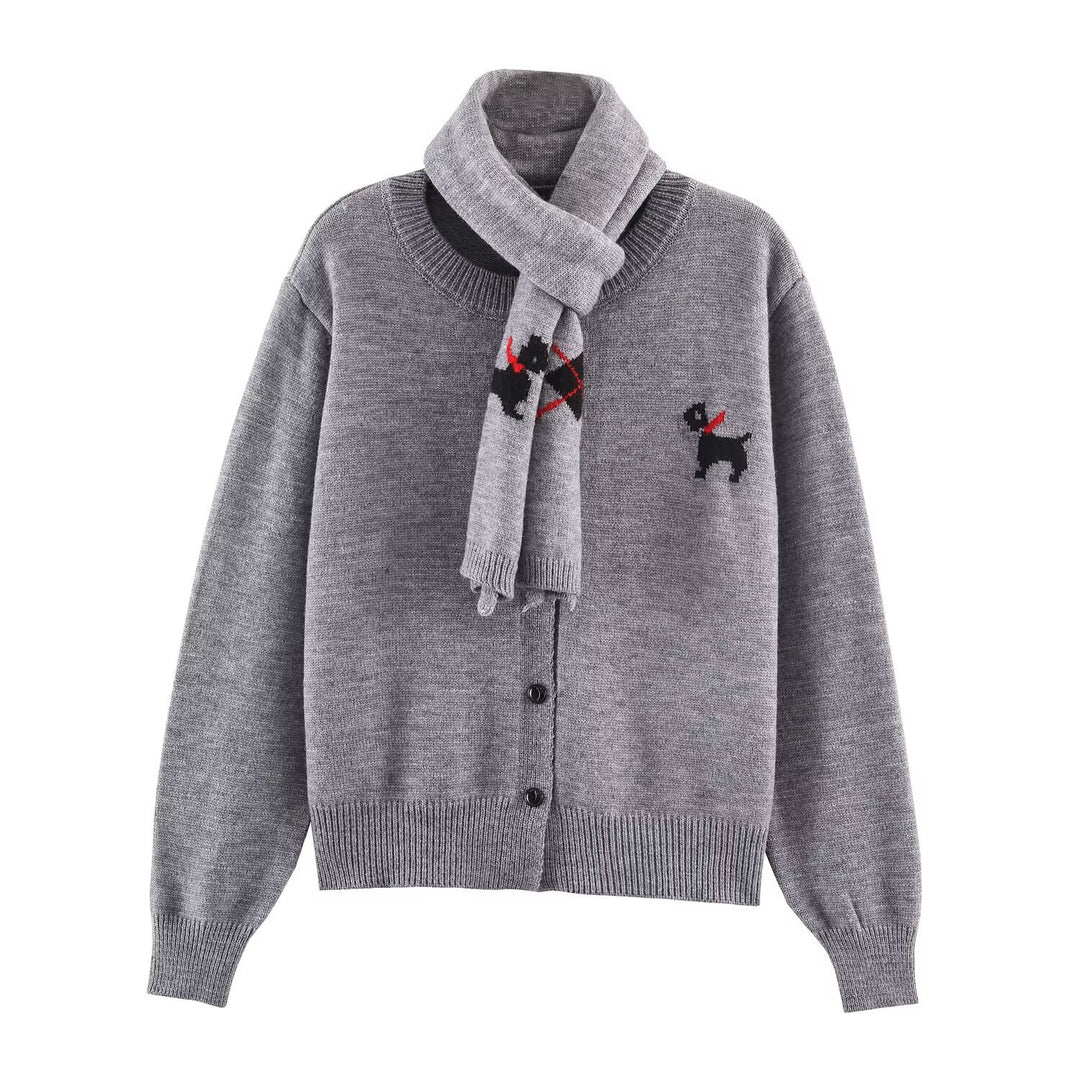 Damen Gestrickte Kurzjacke mit integriertem Schal und Hundeintarsie Echoarchiv